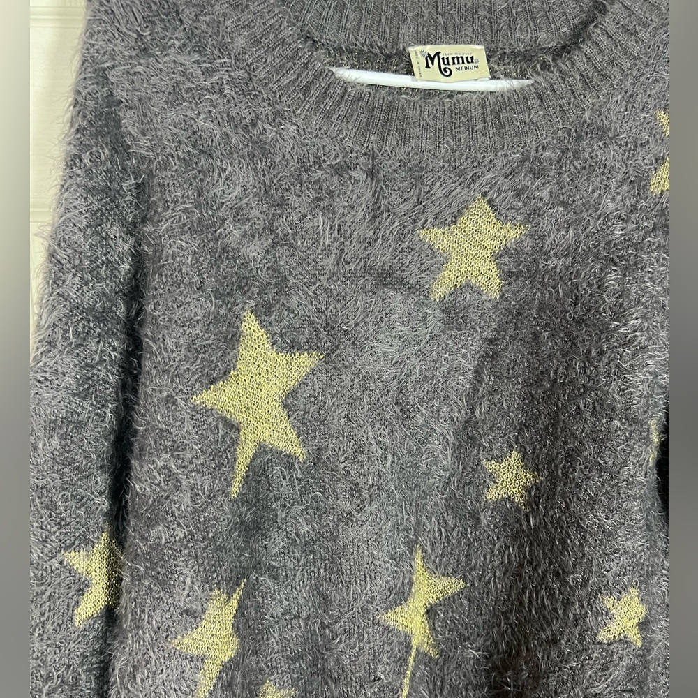Show Me Your MuMu Eyelash Soft Gray Sweater Gold Sparkle Stars, medium - Picture 4 of 5